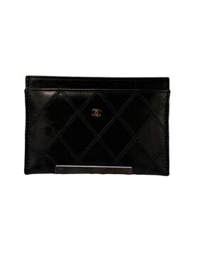 Chanel CC Quilted Lambskin Card Holder Black Silver Hardware